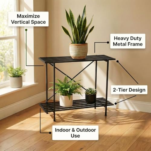 Image of ecofynd Eric Plant Stands for Outdoor Balcony, Flower Pot Stand for Indoor Plants, Large Metal Planter Stand for Living Room, home decor, Indoor & Outdoor plants, 2 Tier, (26 Inch, PS050-BLK)