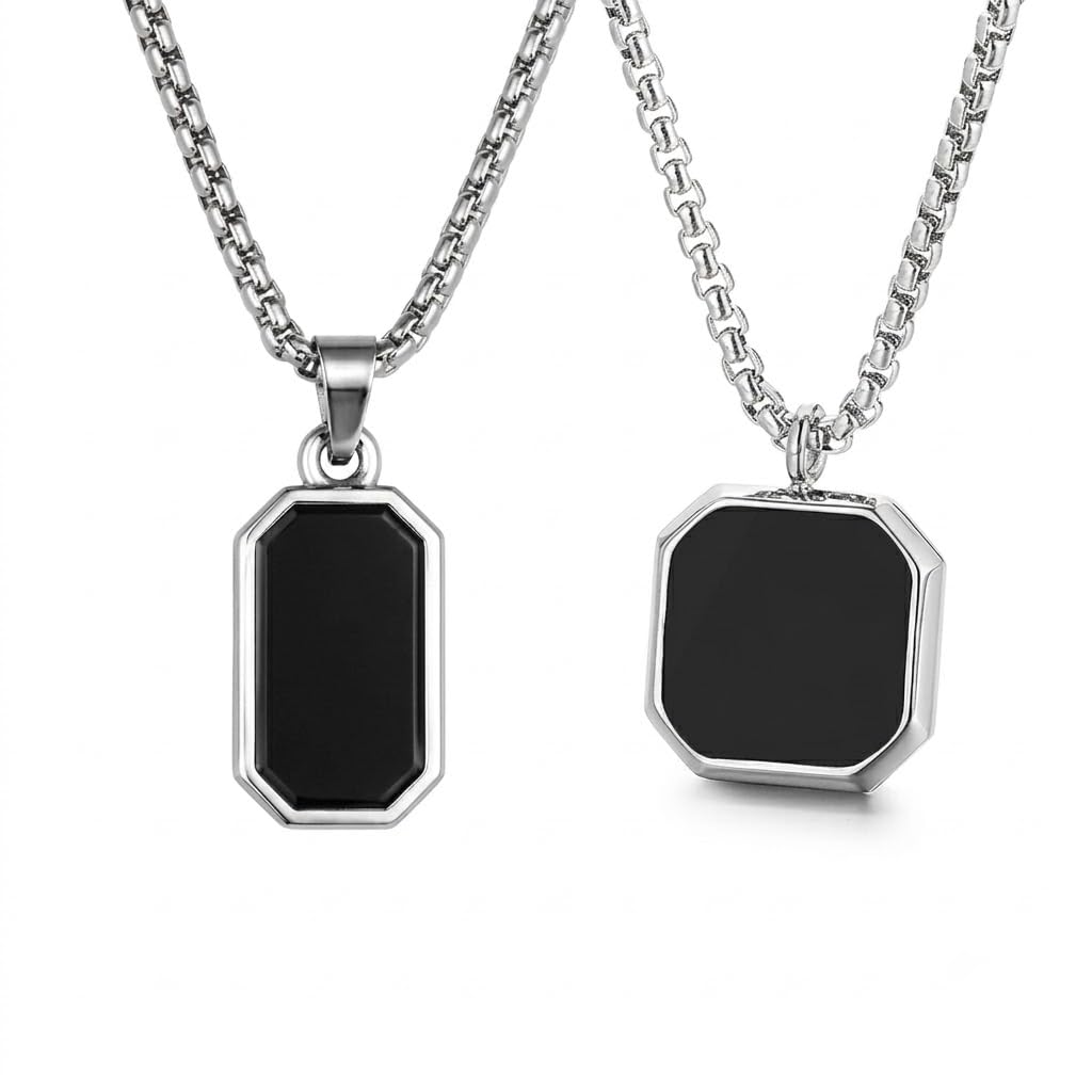 Black Pendant Necklace Set for Men Set of 2 Stainless Steel Chain Rectangle Octagon Locket Combo Stylish Trendy Jewelry for Boys Men Daily Wear Premium Gift Collection-image-4
