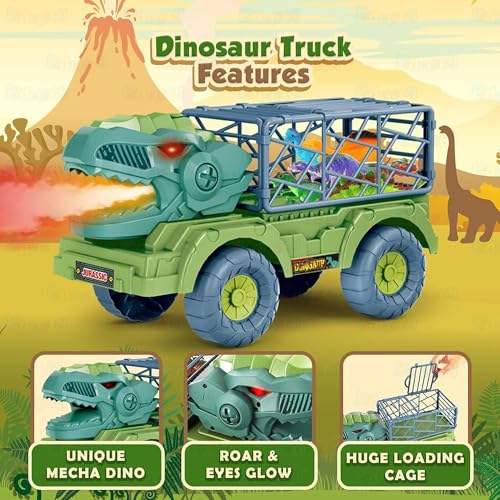 Image of Kidology Dinosaur Truck Toy for Kids 3+ Years | Sparks Creativity & Builds Motor Skills | T-Rex Carrier with Roar Sound LED Eyes & Mist Spray | 6 Dino Figures Birthday Gift Boys & Girls
