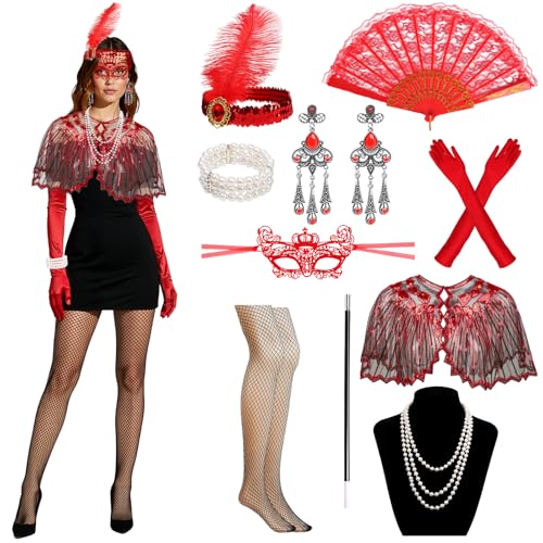 juciasouul 12Pcs 1920s Flapper Accessories for Women,Great Gatsby dresses Accessories Set, Fashion Roaring 20s Costume with Feather Headpiece Necklace Earrings Long Gloves for Women (Red)