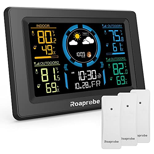 Weather Station Wireless Indoor Outdoor Thermometer, Roaprobe Digital Atomic Clock Weather Thermometer with Multiple Sensors, Accurate Temperature and Humidity Monitor Forecast Weather Station