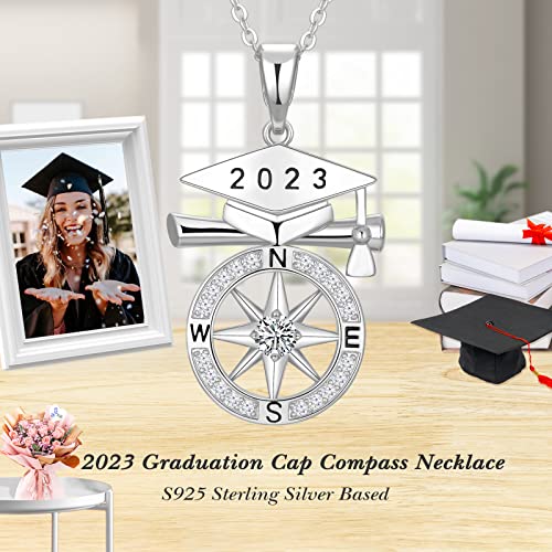 Peeshow Graduation Gifts For Her 2023 S925 Sterling Silver Compass Necklaces College High School Graduate Gift For Girls Women Daughter Nieces Friends With Graduation Cap Jewelry Box, Card #TOP2