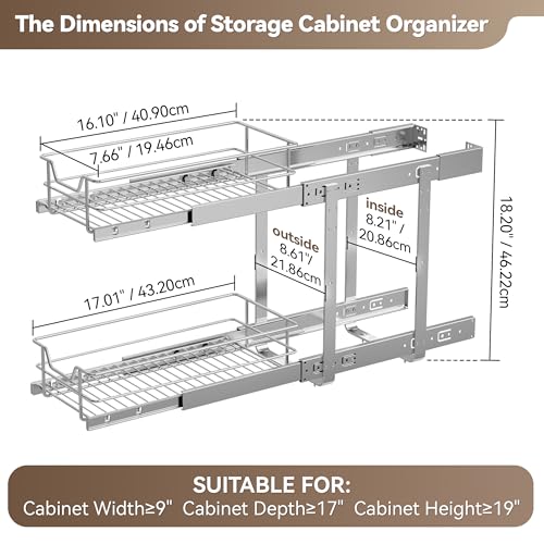 Image of 2 Tier Pull Out Cabinet Organizer 9 inch W X 17 inch D, Chromed, Full Slide Out