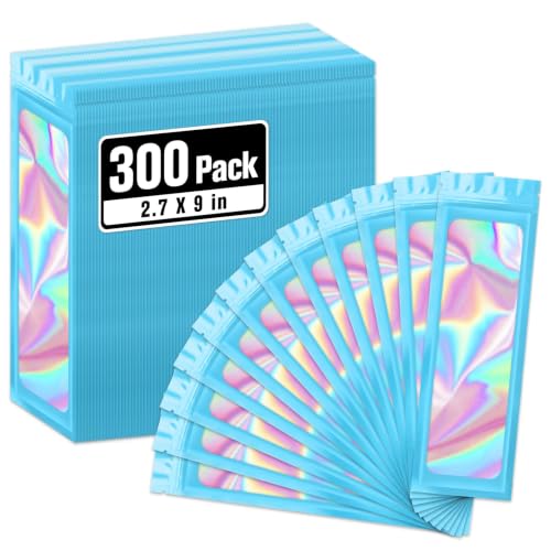 ANZNKU 300 Pack Blue Pen Bags Holographic Mylar Bags with Clear Window, 2.7x9 In Smell Proof Packaging Bag for Small Business, Resealable Foil Zipper Pouch for Candy Jewelry Goodie Gift & Party Favors