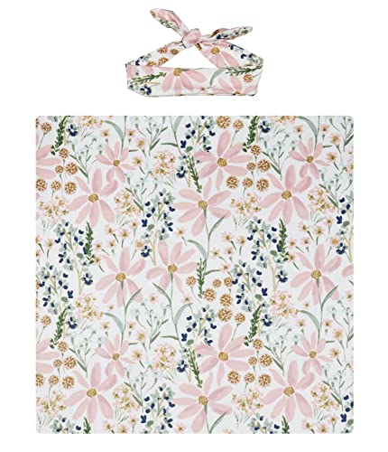 Vollmic Newborn Baby Girl Receiving Blanket Swaddle Blanket Stretchy Knit Swaddle Set With Matching Headband (Golden Flower) #TOP5