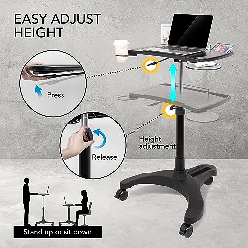 EHO Mobile Laptop Standing Desk Carts on Wheels with Stationery Storage, Pneumatic, Height Adjustable Rolling Stand, Sit to Stand Computer Cart, Workstation for Home, Office, Medical and School by EHO - Image 4