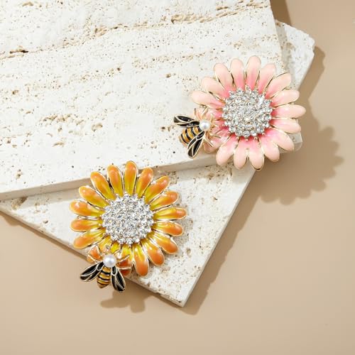 Image of YOQUCOL Sunflower Honeybee Bee Brooch Pin with Bright Austrian Cubic Zirconia Crystal For Women