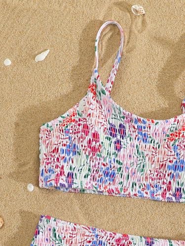 Image of SOLY HUX Girl's Floral Print Bikini Set Spaghetti Strap Smocked Bathing Suit Two Piece Swimsuit