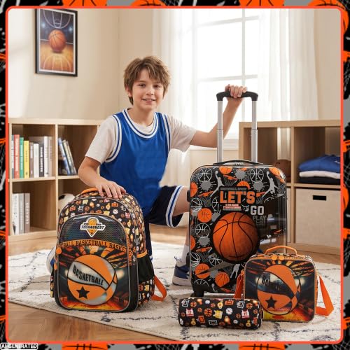 Image of Suitcase for Kids 16inch 5pcs Luggage Set for Boys Travel Suitcase Orange Basketball Hard Shell Luggage Sets with Spinner Wheels Carry on Luggage Airline Approved