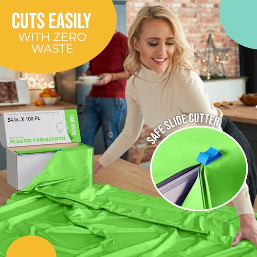 Image of Exquisite Lime Green Plastic 54x100in Rectangular Tablecloth Roll with Built-in Cutter, 100 Feet, All-Season