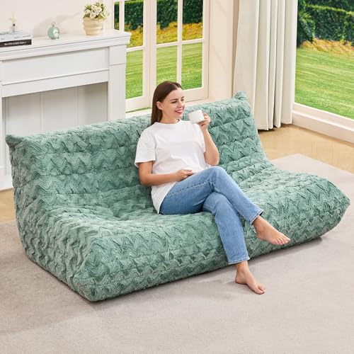 Image of Hobestluk Giant Bean Bag Chair Faux Fur BeanBag Couch for Living Room | Green Chevron, 3-Seater,Ergonomic Design,Memory Foam,Anti-slip Bottom,No Assembly Required,Decorative Style for Living Room