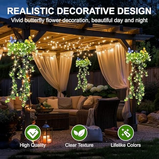 Solar Hanging Garden Lights - 2 Pack, 66 LEDs Butterfly & Flower Decor, IP65 Waterproof Summer Patio Lights for Outdoor Party Camping Poolside, Romantic Wedding, Gifts for Daughter Mom Grandma