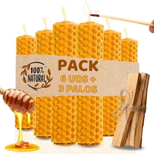 Velas de Miel de Abeja para Rituales 100% Natural Española Cera Pura - Hechas a Mano - Origen España - SIN PARAFINA (6 Velas de Miel y 3 Palo Santo, 10 cm x 2,2 cm)