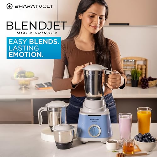 Image of Mixer Grinder | 500W Turbo Motor | 3 Stainless Steel Jars | Overload Protection, Leak Proof Lids, 3 Speed & Pulse Function | Powerful Mixer for Home Kitchen | Blue White