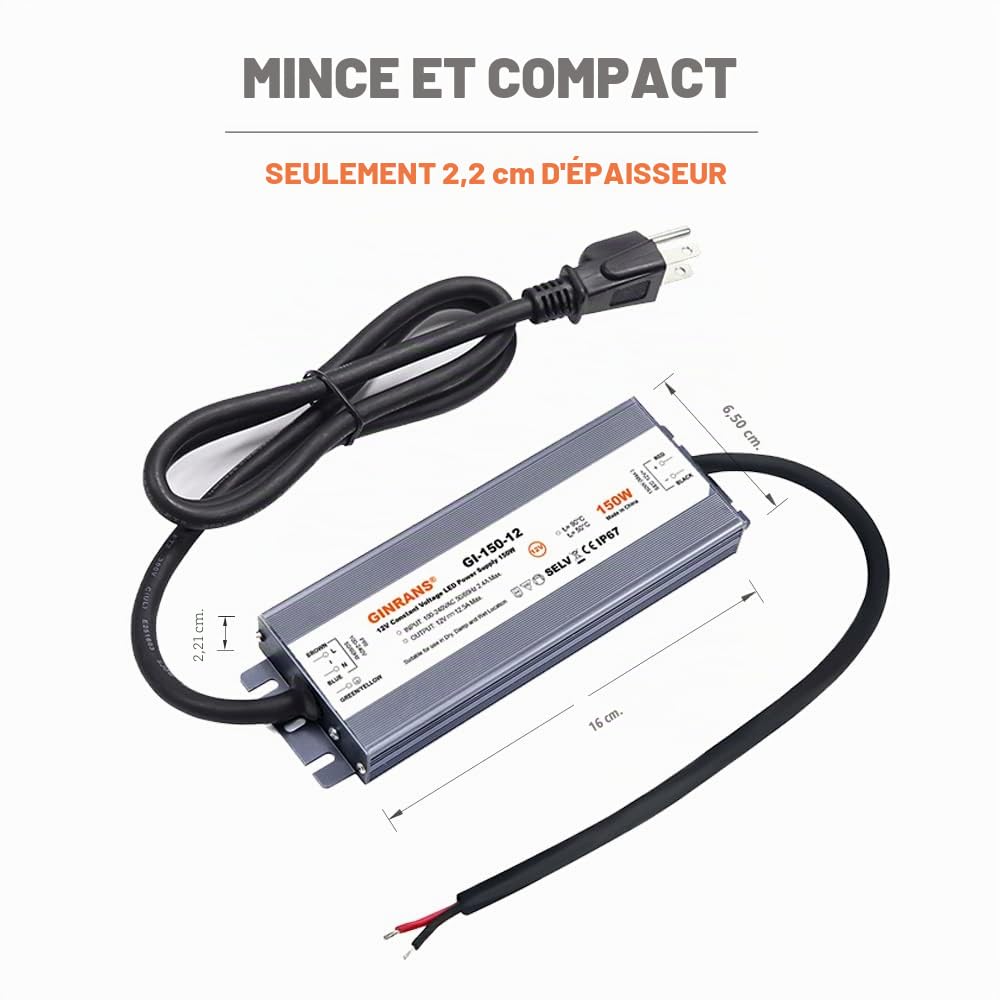 Transformateur d'alimentation LED à tension constante étanche IP67 150 W 100-240 V CA entrée universelle avec fiche sortie 12 V CC 12,5 A max. pour éclairage extérieur LED