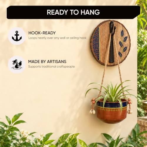 Image of AAKRITI ART CREATIONS Wall Hanging Planter with Hook | Blue & Brown Earthen Planter on Round Wooden, Modern Art, Matte Finish | Metal, Terracotta & Wood | Decor Hanging Pot for Indoor & Outdoor