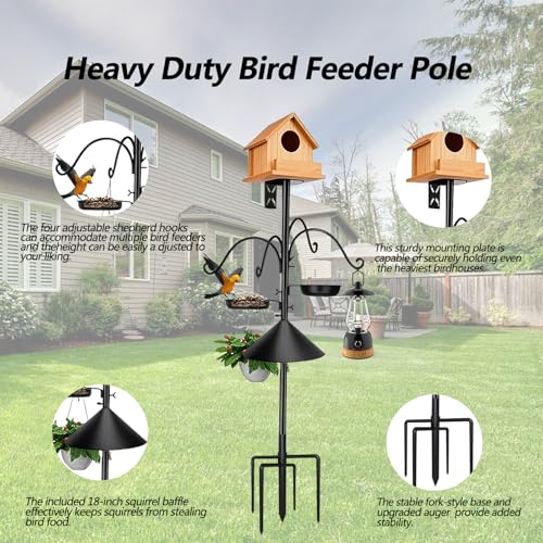 Poste de alimentador de pássaros resistente de 2,38 cm - base de 5 pinos, 4 ganchos de pastor, defle