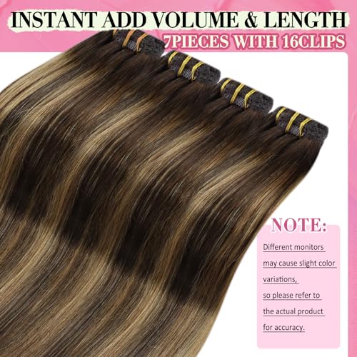 Image of YoungSee 150G Clip in Hair Extensions Human Hair Balayage Brown Hair Extensions Clip ins, Easy to Wear Clip in Extension Real Human Hair for Women Balayage Dark Brown Mix Caramel Blonde 24 Inch 7pcs