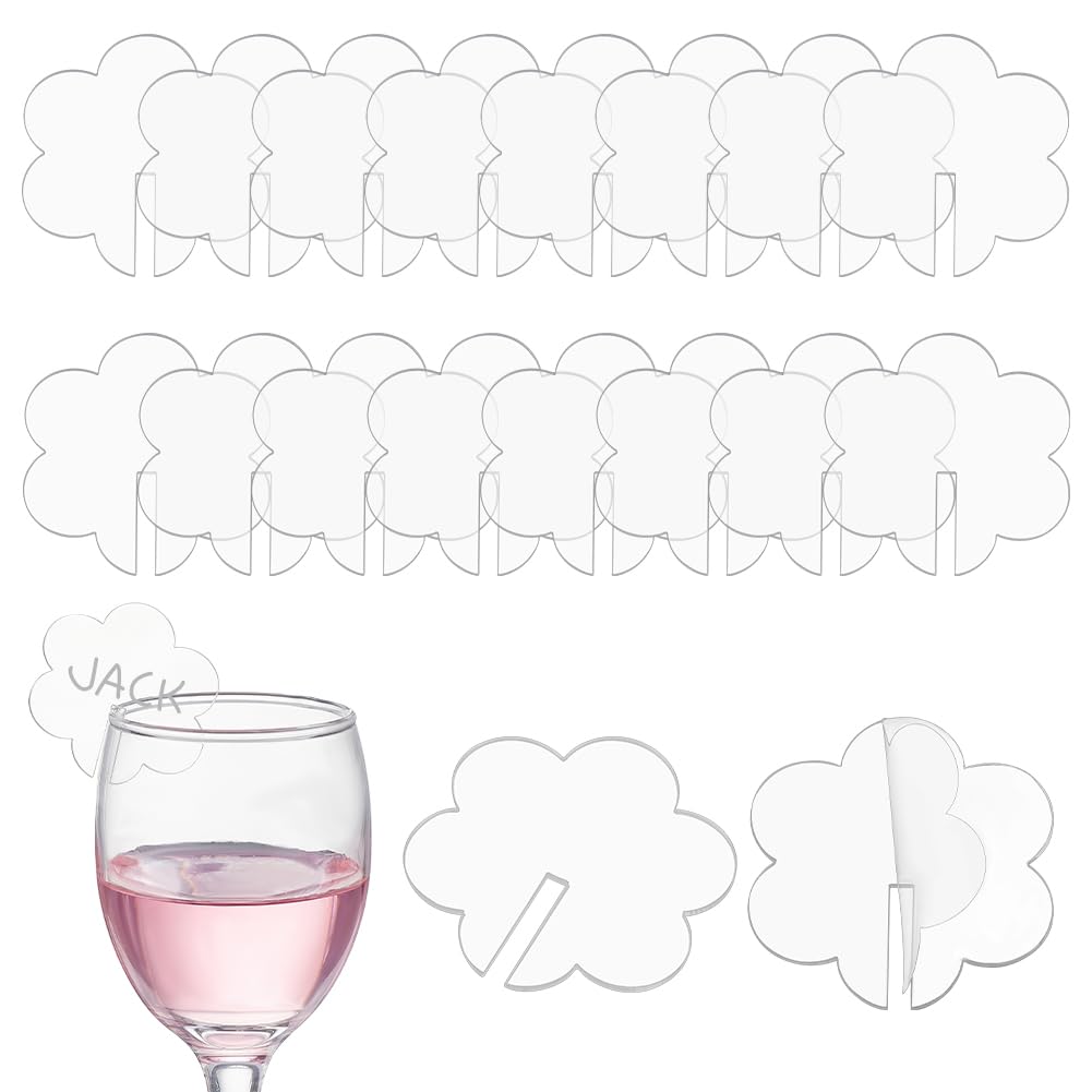 nbeads 50 Stk. Acryl BLUMENNn Drink Tags, Weinglas Charms Marker Tasse Flasche Wein Glas Identifikatoren für Hochzeit Party Bar Champagner Flöten Cocktails Martinis Verkostung, Klar