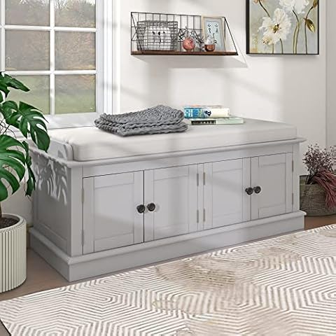 MYEYPEL 42.7" Wood Storage Bench,with 4 Doors and Adjustable Shelves, Shoe Bench with Removable Cushion,Window Sitting,Toy Storage Bench for Entryway,Living Room,Bedroom,Gray Wash Cover