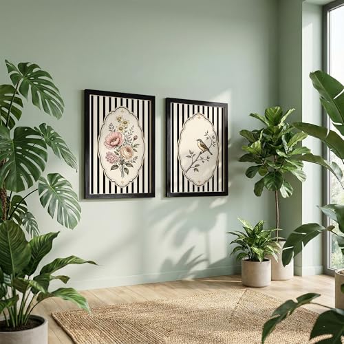 Image of NoWorries Vintage Floral & Bird Wall Art Set of 2 Framed Prints for Living Room Bedroom Office | Black Stripe Botanical Wall Decor with Wooden Frame (Art-10, 10x13inch)