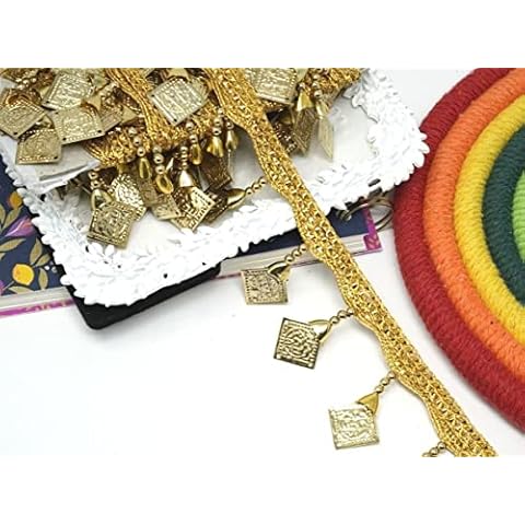 Feathers Creation 2 X Yard Gold Metal Coin Fringe Bridal Saree Tassel Sew on Trim Curtain Edge Lace (Style 2) Cover