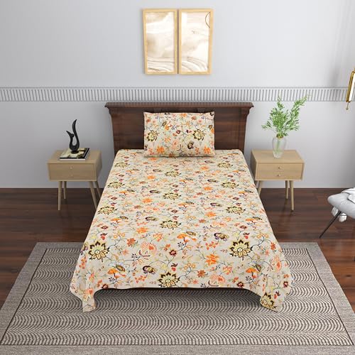 Image of Mafatlal Saanjh 144 TC Cotton Single Bedding 90x60 Inch | Elegant Floral Print | Smooth Airy Weave | Premium Bedroom Collection | Jaipuri Collection | Pillowcase Included | Cannoli Cream