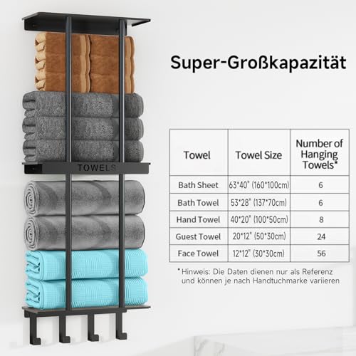 VOTZAAQ Handtuchhalter Bad, Neu Aufgewertet 3-Stöckiger Handtuchregal mit Metallablage und 4 Haken, Gästehandtuchhalter für Große Handtücher, Handtücher Aufbewahrung, Handtuchstange Schwarz 86cm – Bild 7