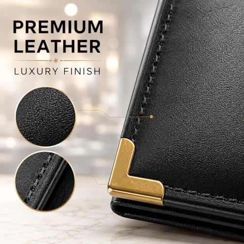 Image of Set of 6 Bill Folders with Golden Corners | Black Leatherette Menu Holder for Restaurants, Hotels & Cafes | Durable Check Presenters /Receipt Holders for Commercial Use