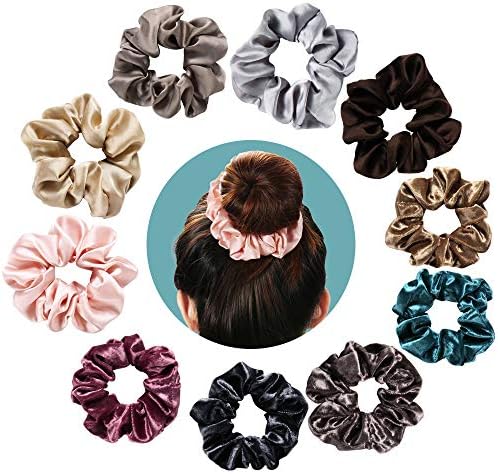 10 Piece Hair Scrunchies Set - Scrunchy Elastic Soft Hair Bobbles, Hair Bow Bands, Buns Holder with Velvet Hair Scrunchies 5 pcs & Satin Scrunchy 5 pcs in pakckage for Women Girls