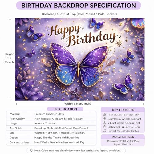 Image of Happy Birthday Theme Backdrop Banner Cloth 3x5 ft - Digital Print Cloth Background, Reusable Birthday Party Wall Decoration for Girls, Photo Booth & Stage Decor