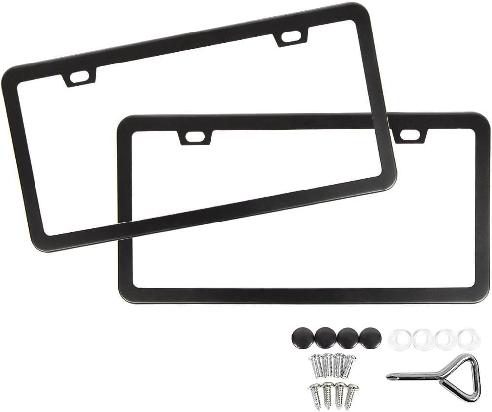 SunplusTrade License Plate Frame Black Matte Powder Coated Aluminum with Screw Caps (2 Pieces)