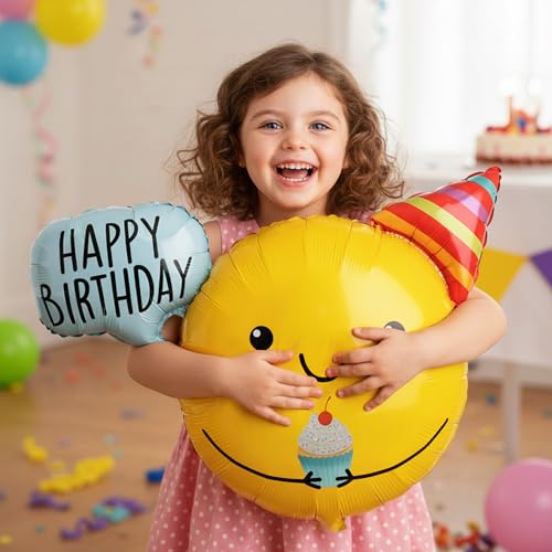 Image of Happy Birthday Balloon, Birthday Decorations for Kids, 30 Inch Foil Balloon Party Supplies with Ribbon, Photo Backdrop, Yellow Smiley Face Design, 1 Pack