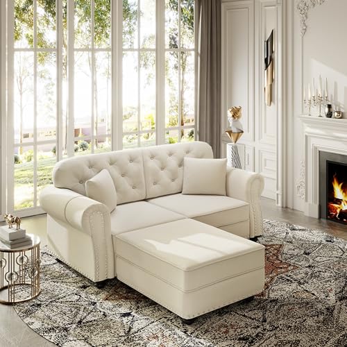 Image of KEIKI 63 inch Velvet Chesterfield Sofa with Rolled Arms & Nailhead Trim & 1 Ottoman, Modern 2-Seater Button Tufted Couch with High Resilience Cushion & 2 Pillow, Easy Assembly, for Living Room, White