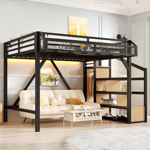 Bellemave Full Loft Beds with Storage Beside Shelves and Wardrobe, Metal Loft Bed with LED Lights...