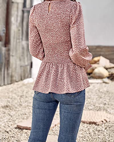 Prettygarden Women's Tops Casual Long Sleeve Crewneck Floral Print Smocked Ruffle Hem Slim Babydoll Blouse Shirt Tunics(Leopard Pink,Large) #TOP4