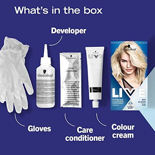 Schwarzkopf LIVE Intense Lightener, Permanent Blonde Bleach Hair Dye, With Brightening Oil Booster, Lifts Hair Up To 9 Levels, Max Blonde 00B