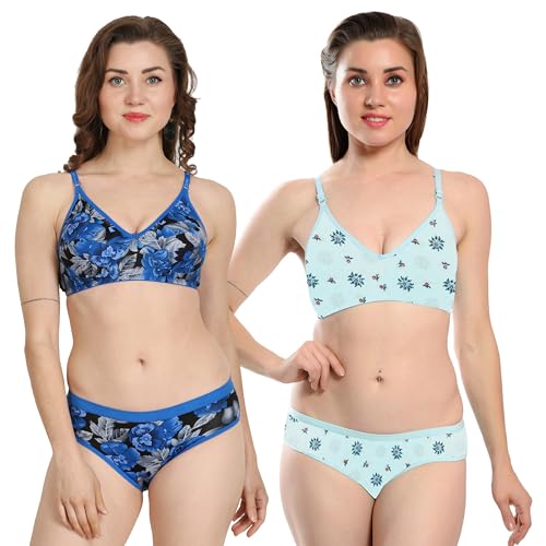 Image of Solid Printed Polka Cotton Bra & Panty Lingerie Set Combo for Women S to 3XL