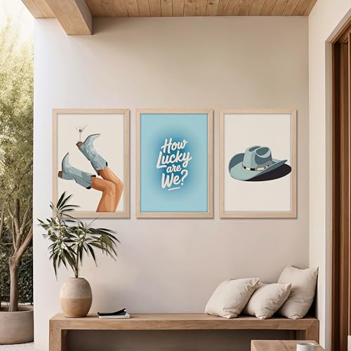 Image of NoWorries Cowboy Western Wall Art Framed Painting Set of 3 | Boots, Hat & inchHow Lucky Are We inch Quote Prints with Frame | Vintage Western Aesthetic Decor Frames | Rustic Country Wall Art for Living Room, Bedroom and Bar, Framed Artwork Ready to Hang (Art-5, 13x19inch, Wooden)
