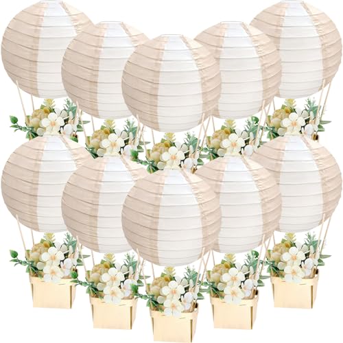 Image of Retisee 12 Sets Baby Shower Hot Air Balloon Table Centerpieces Nude Striped Paper Lanterns Woven Baskets with Sticks for DIY Gender Reveal Birthday Baby Shower Wedding Decor, 7.87 Inch