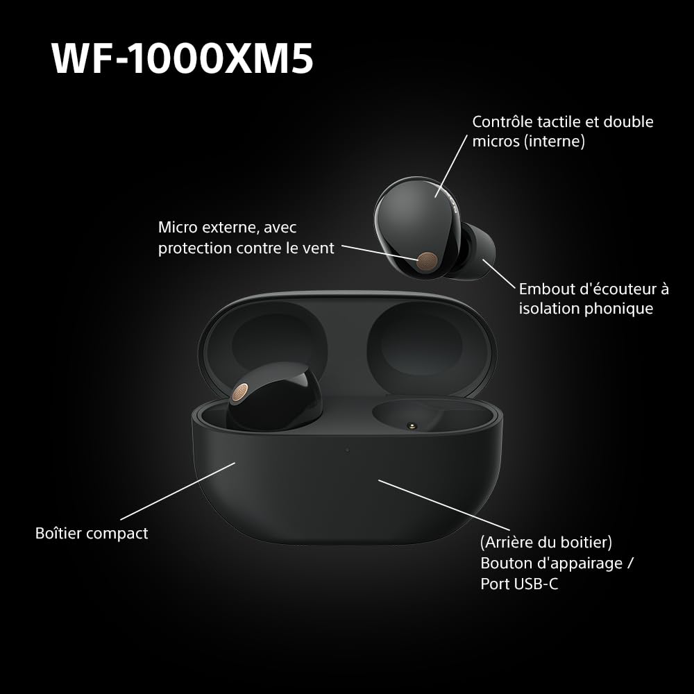 Sony WF-1000XM5 écouteurs sans Fil à réduction de Bruit, Bluetooth, Intra-Auriculaires avec Micro, 36 Heures d'autonomie, Charge Rapide, IPX4, Compatible iOS et Android - Noir