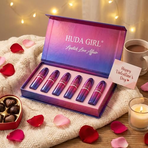HUDA GIRL 6 Pcs Lipstick Combo Set for Valentine Day Gift – Waterproof Matte Lipsticks for Women, Non-Drying & Lightweight, Long Lasting Lipstick for Dusky Skin Tone