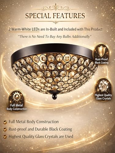 Image of 2-Lights Dome Shape Metal Glass Crystal Chandelier Jhoomar Ceiling Light for Living Room | Modern Flush Mount Crystal Ceiling Lamp | Warm White LED Included