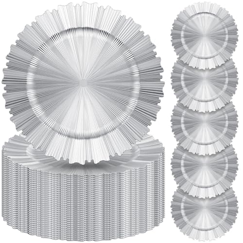 Mifoci 50 Pcs Bright Silver Charger Plates Bulk 13 Inch Plastic Round Chargers Fluted Edge Dinner Plate Wedding Decoration for Table Setting Wedding Party Event Tabletop