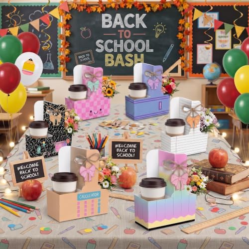 Ferrochef 30 Set Pastel Classroom Stationery 2 Cup Drink Carrier with Greeting Bow Card Back to School Teacher Gifts Ribbon Calculator, Ginghams, Stripes Composition Cup Holders with Handle - Image 6
