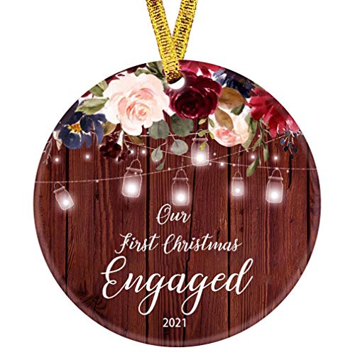 Kooer Our First Christmas Engaged Ornament 2021 1st Year Married Newlyweds 3" Flat Circle Porcelain Ceramic Wedding Ornament (Engraved)