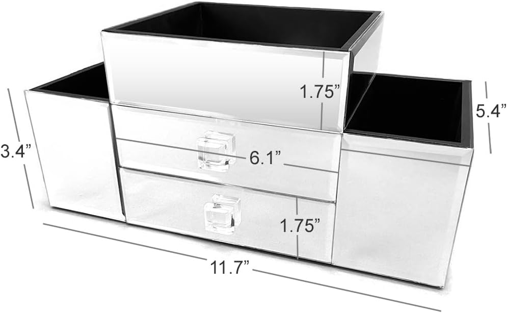 OnDisplay Emma 2 Drawer Tiered Mirrored Glass Makeup/Jewelry Organizer - Mirror Beauty Station - Perfect for Vanity, Bathroom Counter, or Dresser (Silver)