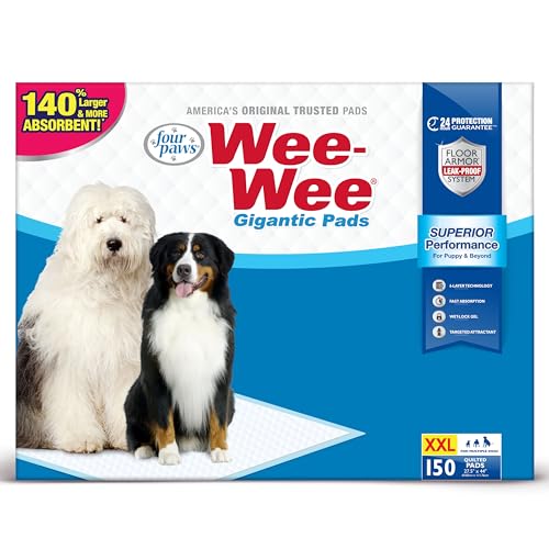 Image of Four Paws Wee-Wee Superior Performance Gigantic Dog Pee Pads, 150 Count | Puppy & dog potty training pads, all day floor protection, housebreaking pet supplies, leak-proof puppy pads, 27.5 inch x 44 inch
