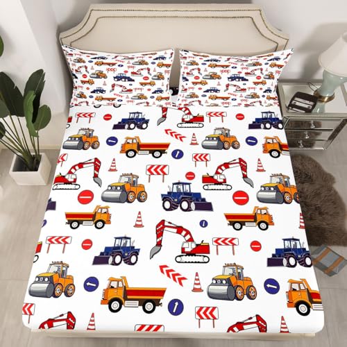 Cartoon Excavator Bedding Set Full Size 3 Pcs,Blue Red Engineering Vehicle Fitted Sheet for Kids Boys Teens,Cute Trucks Decor Deep Pocket,2 Pillowcases(No Flat Sheet)