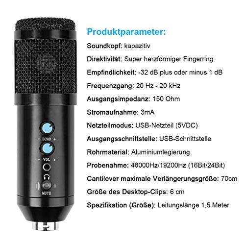 USB Mikrofon, Kondensator Mikrofon Kit mit One Touch Stummschaltung & Mikrofonständer Mikrofonarm Popschutz für… – Bild 8